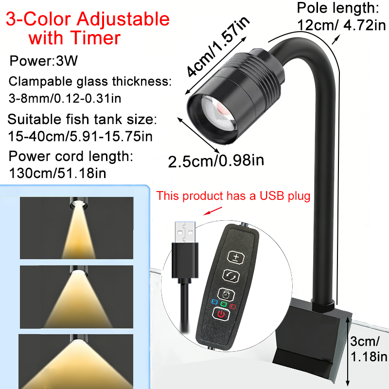 Marine Aquarium Lamp - 3 W südamerikanischer Aquarium-Scheinwerfer, 3-farbig, dimmbar,